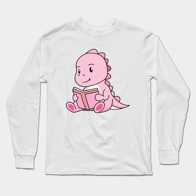 Cute Pink Dinosaur Read Book - Dinosaur Birthday Long Sleeve T-Shirt by Kawaii Bomb